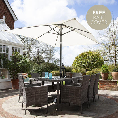 Marston 8 Seater Rattan Outdoor Dining Set with Cream Parasol - Rattan Garden Furniture - Grey - Glass Top - Laura James