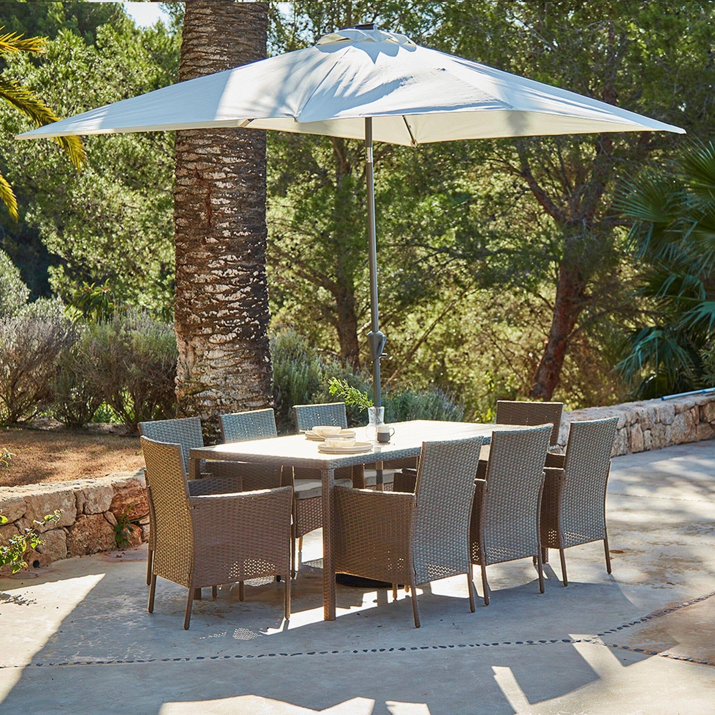 Marston 8 Seat Polywood Top Rattan Dining Set with Cream Parasol - Laura James