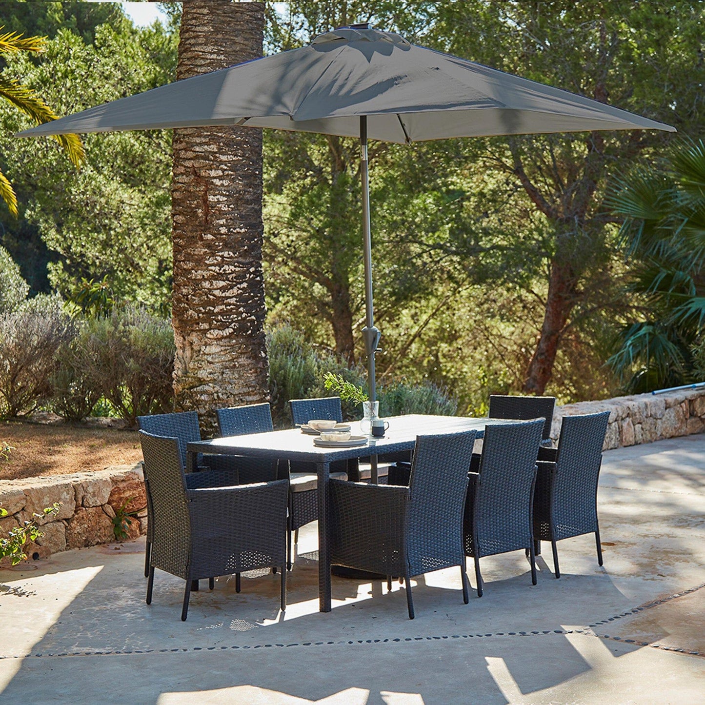 Marston 8 Seater Polywood Top Rattan Dining Set with Premium Grey Parasol - Laura James