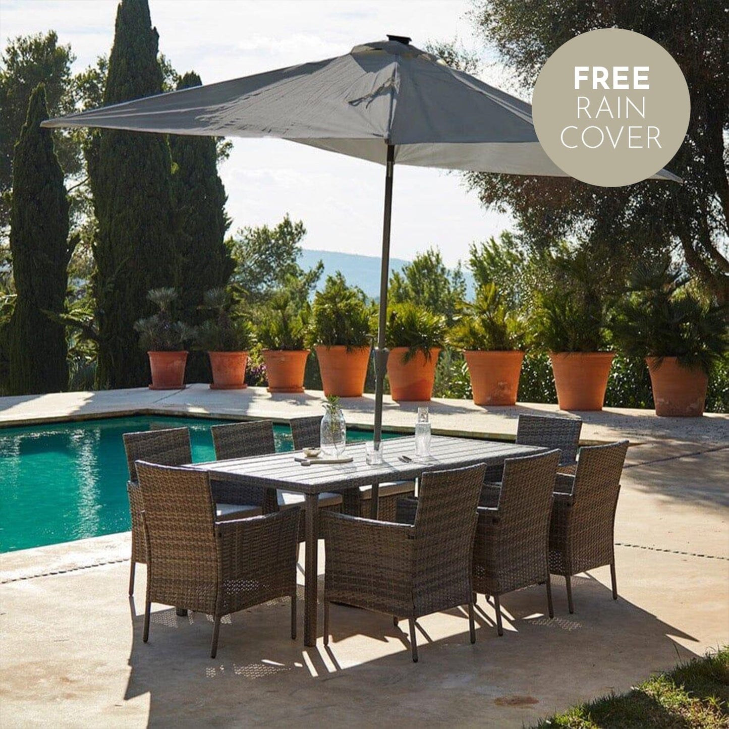 Marston 8 Seat Polywood Top Rattan Dining Set with Premium Grey Parasol - Grey