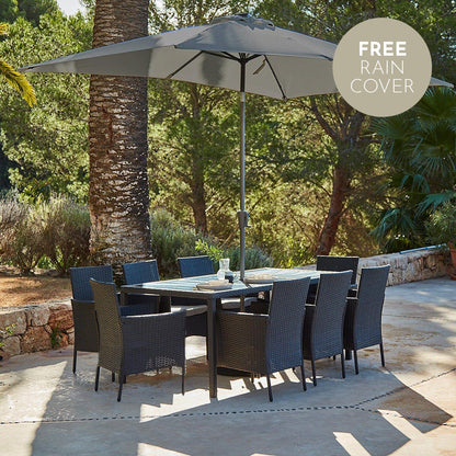 Marston 8 Seater Rattan Dining Set with Grey Parasol - Rattan Garden Furniture - Black