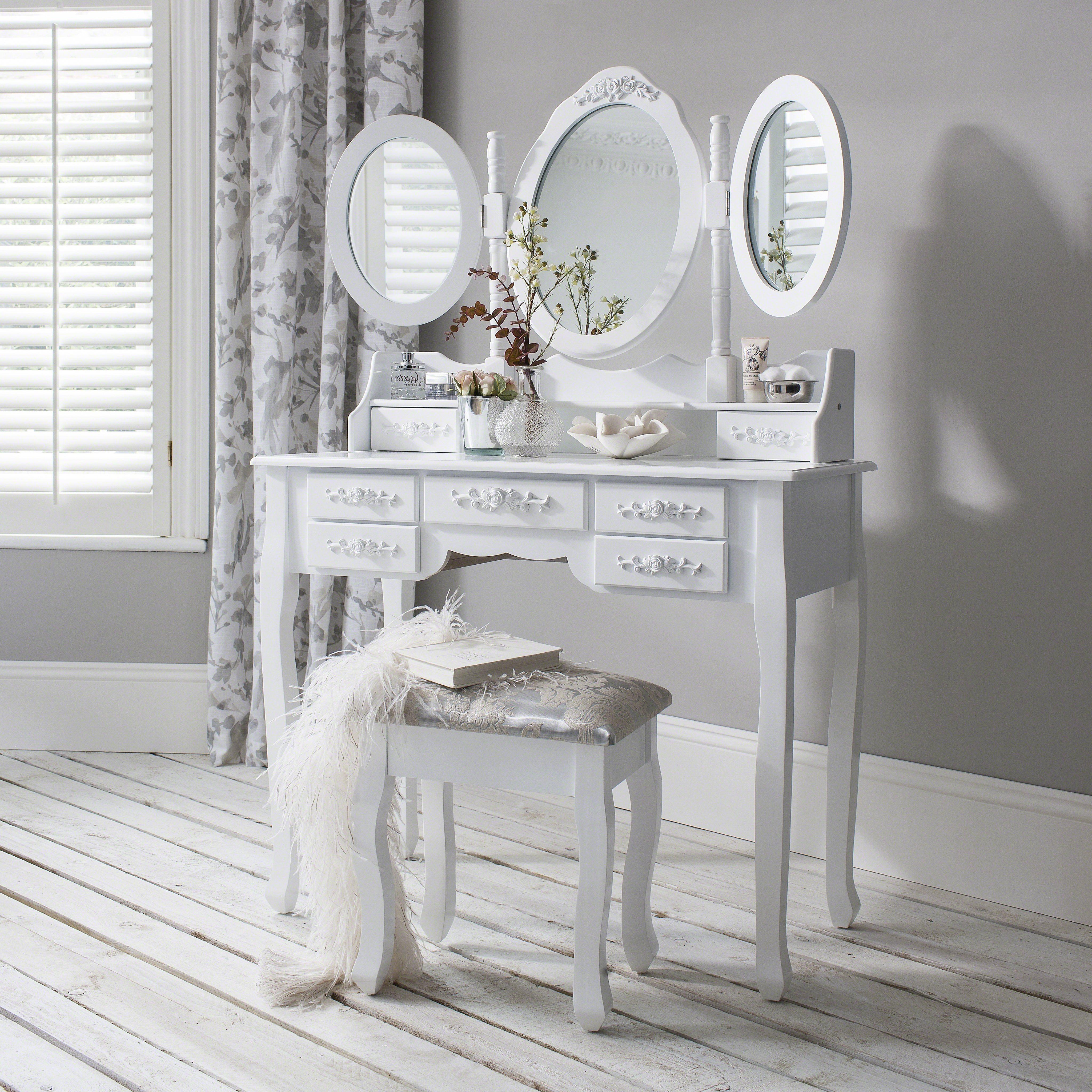 Monaco White Dressing Table with Mirror Stool – Laura James