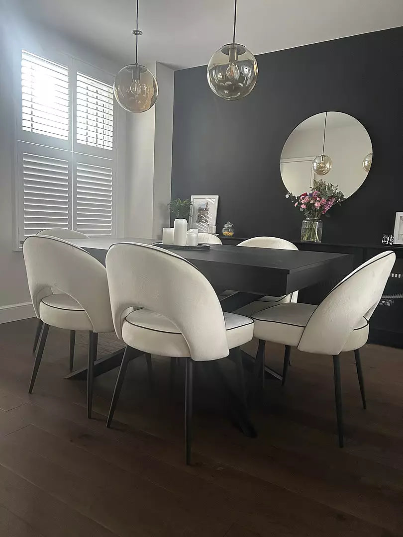 Amelia Black Dining Table Set - 6 Seater - Marilyn ivory Dining Chairs - Black Legs

