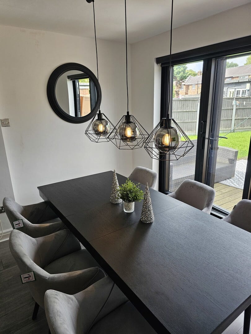 Amelia Black Extendable Dining Table Set - 6 Seater - Freya Grey Carver Chairs with Black Legs