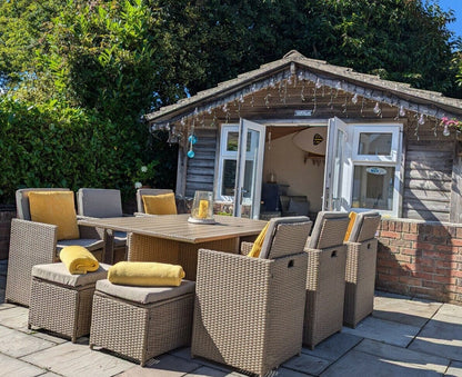 10 Seater Rattan Cube Outdoor Dining Set with Grey LED Premium Parasol -  Natural Brown Weave Polywood Top