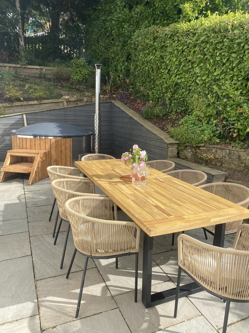 Hali 8 Seater Wooden Outdoor Dining Set with Hali Natural Chairs & Cream Lean Over Parasol - 235cm