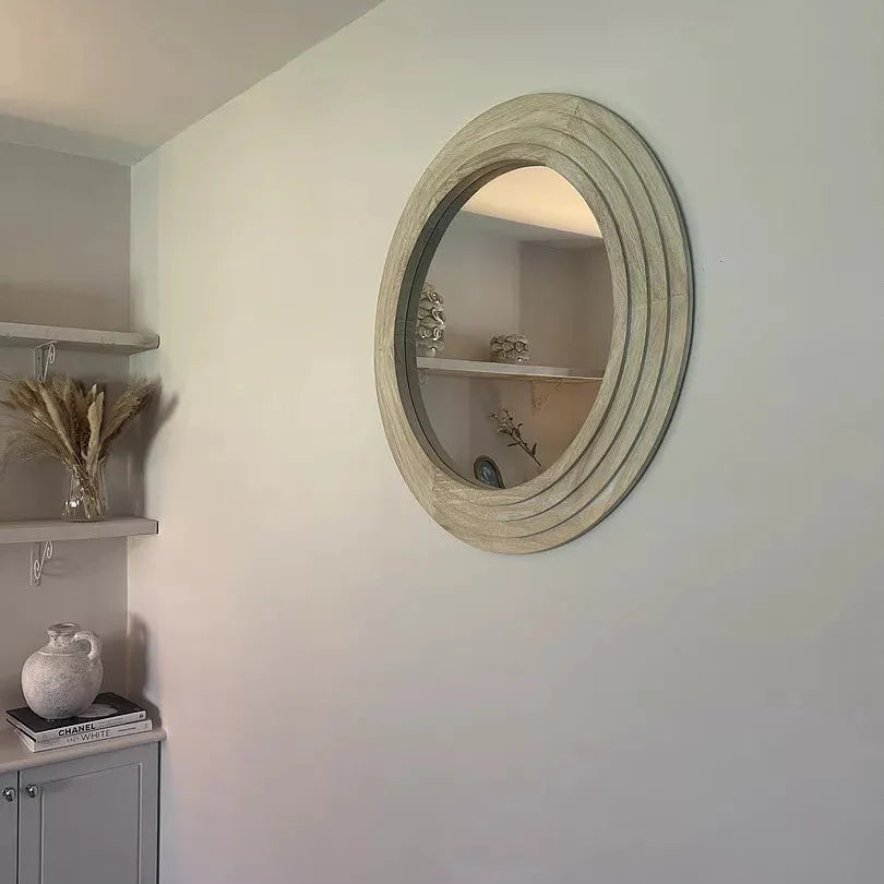 Kubu 70cm Wooden Round Mirror - Whitewash - Laura James 
