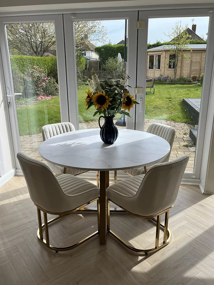 Clara Marble Effect Round Dining Table - Gold Frame - Laura James 