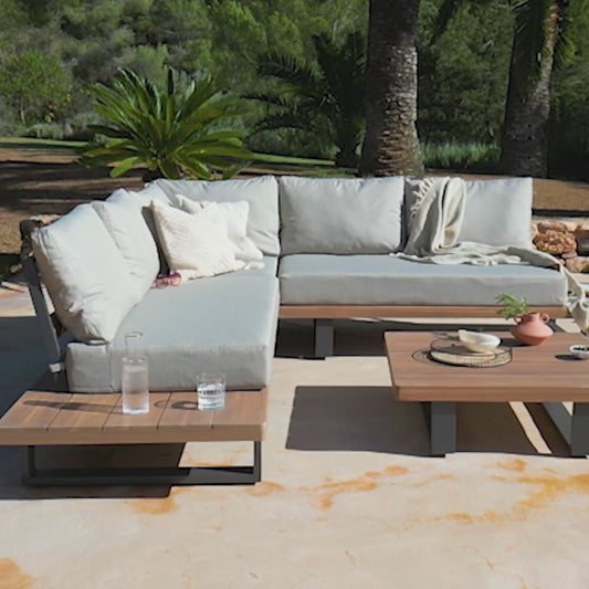 Shiva Stone Garden Corner Sofa Set with Cream Lean Over Parasol - Laura James