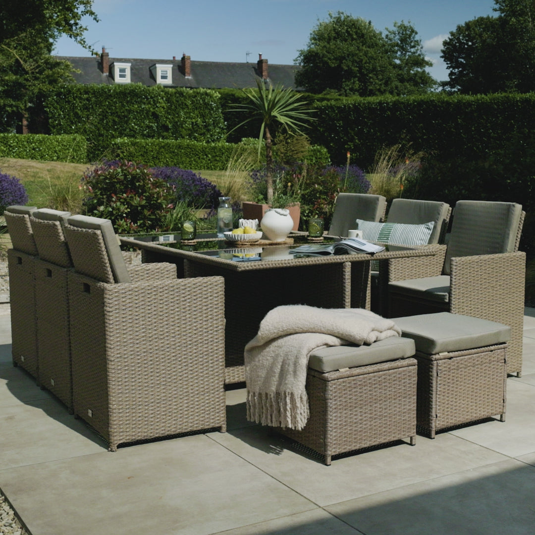 10 Seater Rattan Cube Outdoor Dining Set With Cream Parasol - Natural Brown Weave