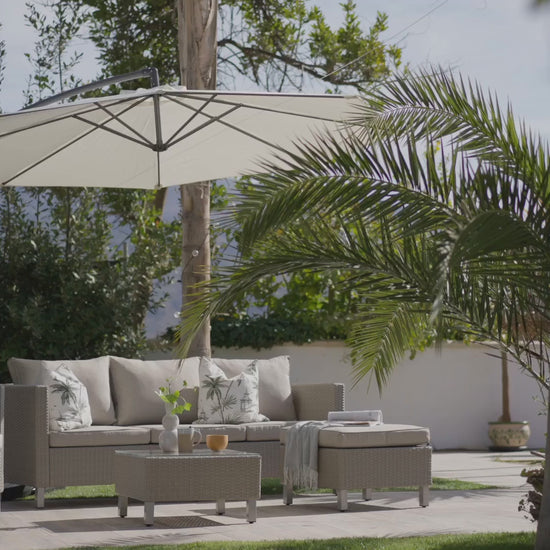 Aria 7 Seater Light Grey Rattan Sofa Set with Grey Lean Over Parasol - Laura James