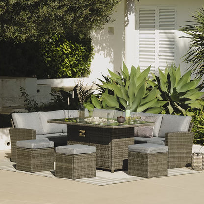 Aston 9 Seater Rattan Garden Corner Sofa Set with Grey Cantilever LED Premium Parasol - Firepit - Grey