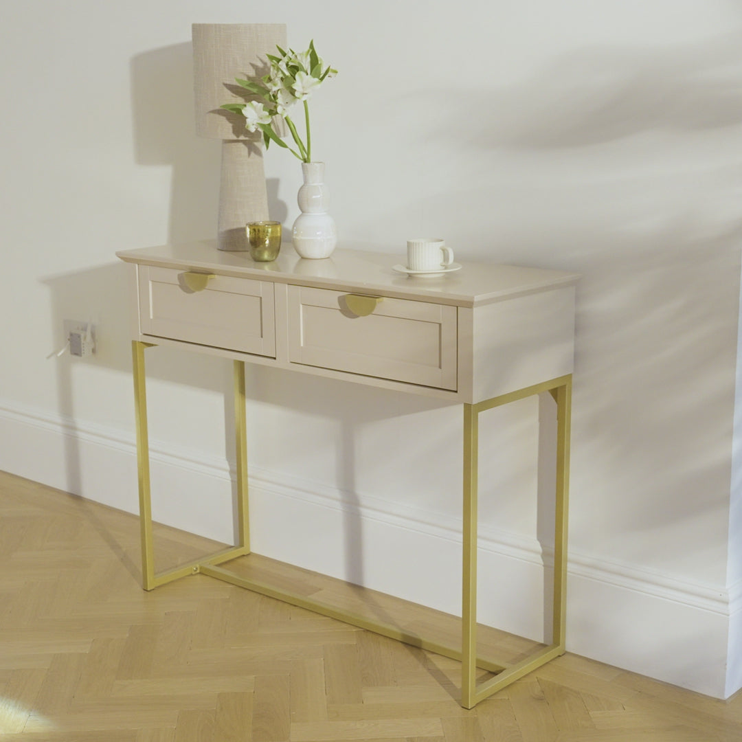 Ines 2 Drawer Console Table - Taupe & Gold - Laura James 