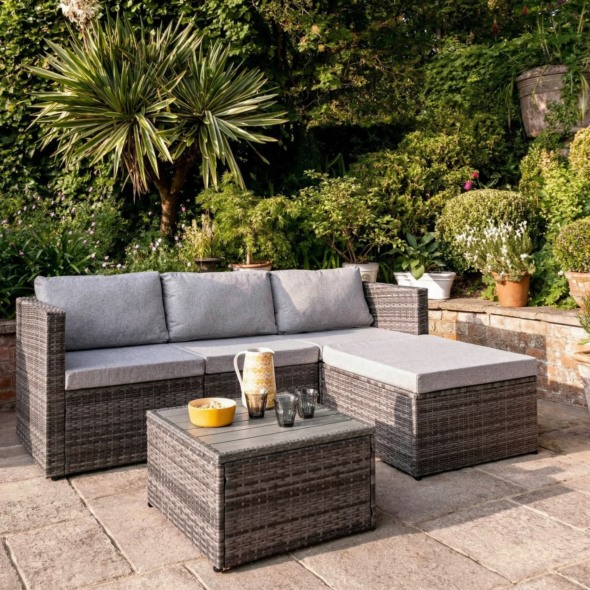 Weston 4 Seater Rattan Corner Sofa Set With Polywood Top - Grey Weave