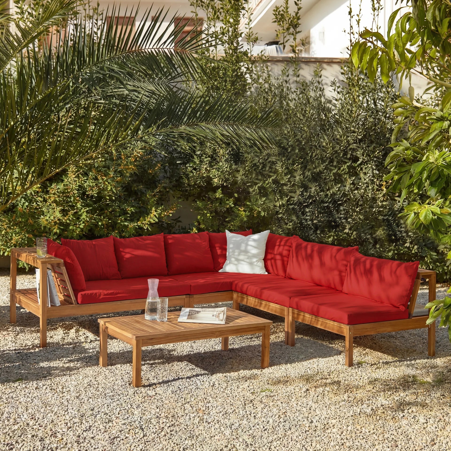 Dakota 7 Seater Wooden Corner Sofa Set - Natural Acacia with Red Cushions - Laura James