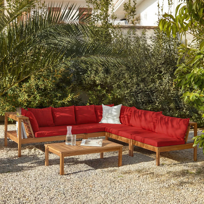 Dakota 7 Seater Wooden Corner Sofa Set - Natural Acacia with Red Cushions - Laura James