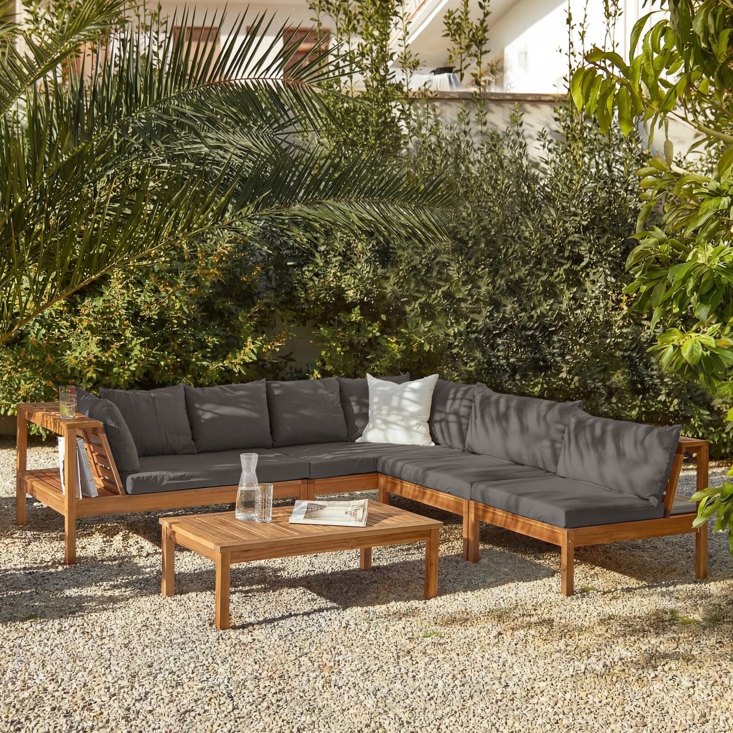 Dakota 7 Seater Wooden Corner Sofa Set - Natural Acacia with Grey Cushions - Laura James