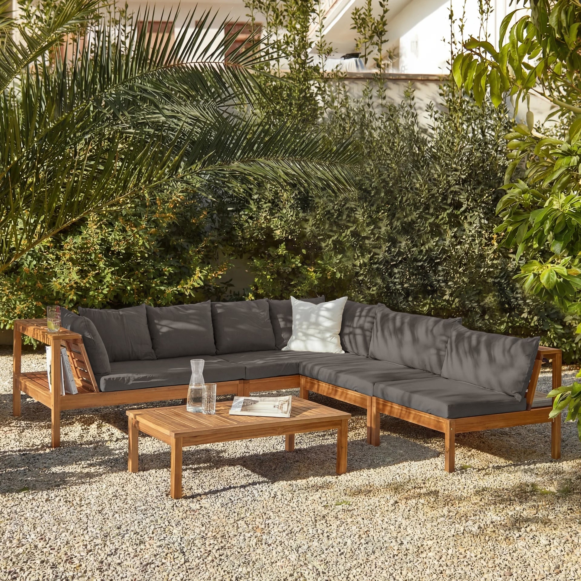 Dakota 7 Seater Wooden Corner Sofa Set - Natural Acacia with Grey Cushions - Laura James