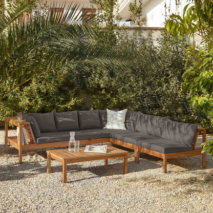 Dakota 7 Seater Wooden Corner Sofa Set - Natural Acacia with Grey Cushions - Laura James