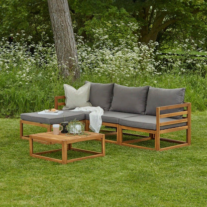 Rowan 3 Seater Wooden Garden Sofa Set With Footstool and Coffee Table - Laura James