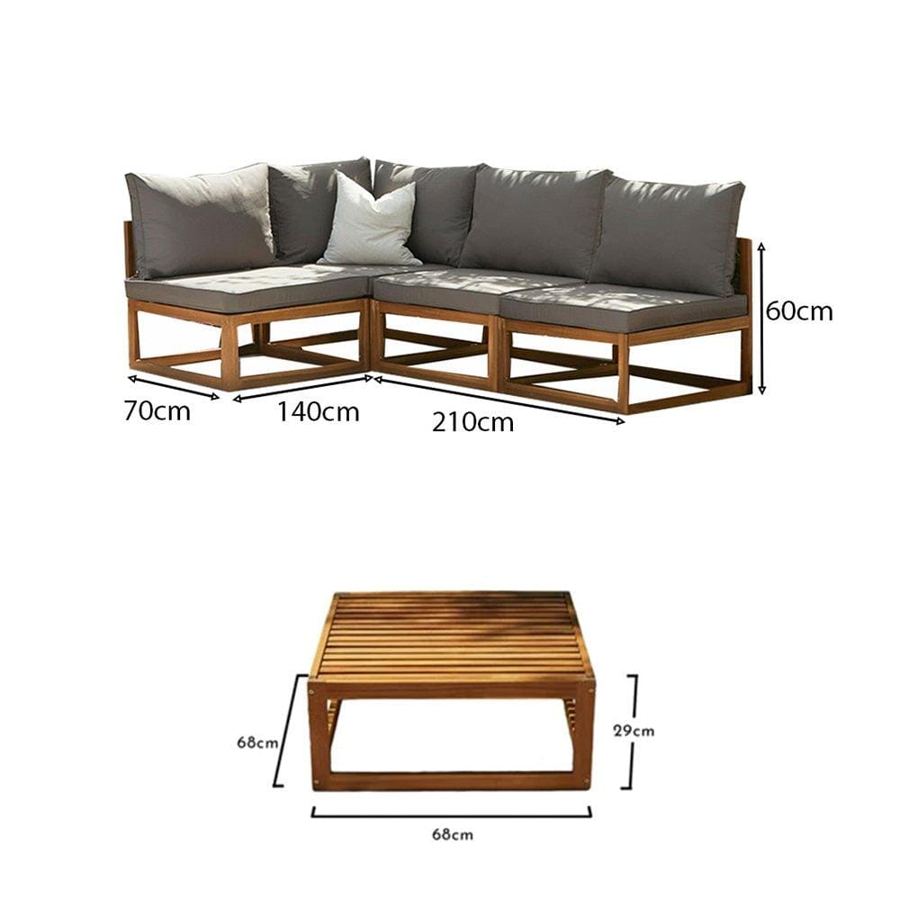 Rowan 4 Seater Wooden Garden Corner Sofa with Coffee Table - Grey - Laura James