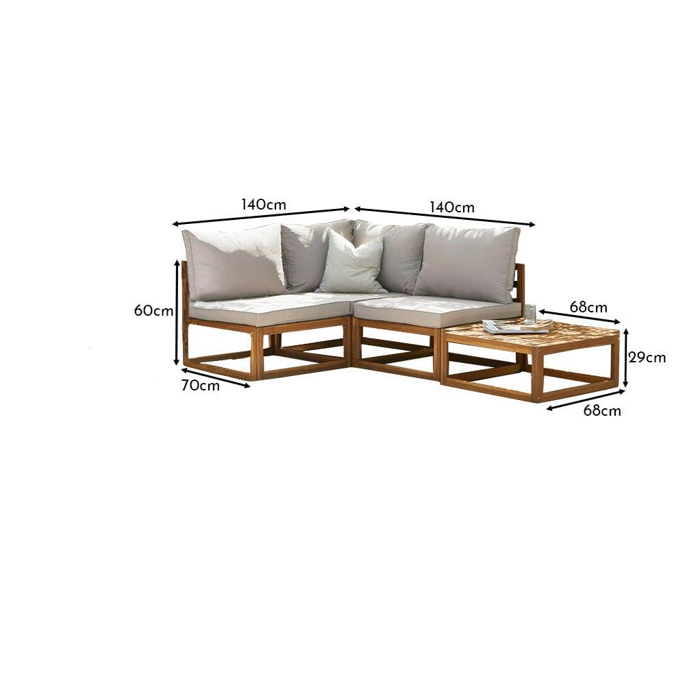 Rowan 4 Seater Wooden Garden Corner Sofa with Coffee Table - Natural - Laura James