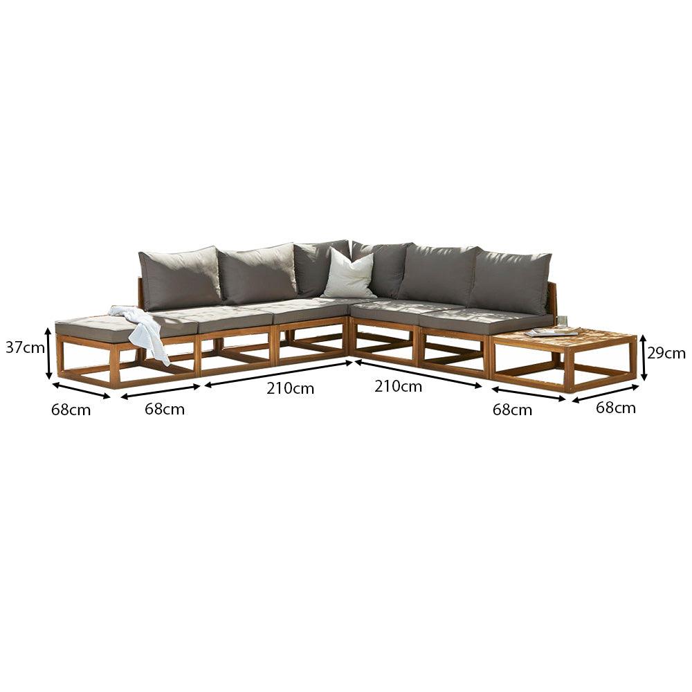 Rowan 6 Seater Wooden Garden Chaise Corner Sofa Set with Coffee Table - Natural - Laura James