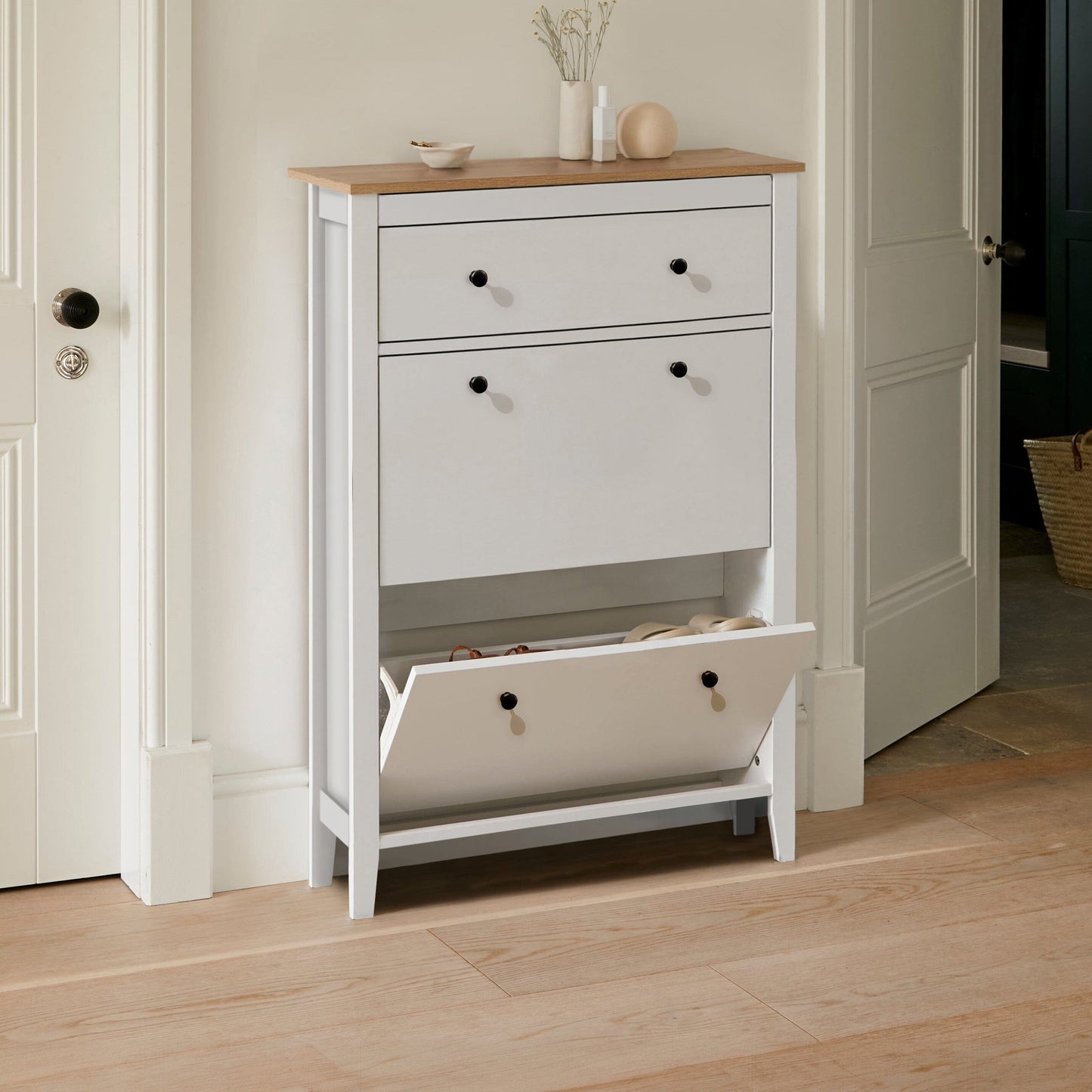 Sandhurst Shoe Cabinet - 3 Door - White & Oak Effect