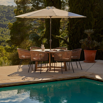 Shiro 6 seater wooden garden dining table with 6 hali natural rope chairs and cream parasol - Laura James