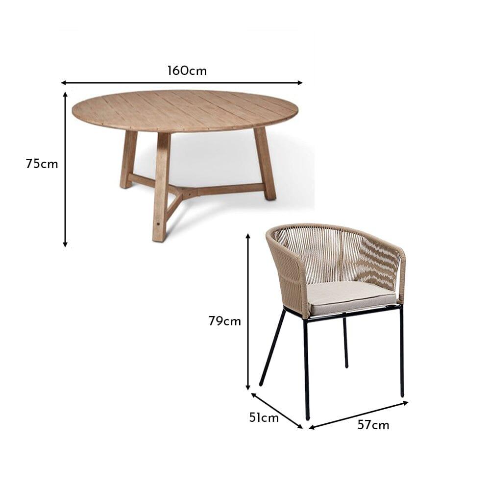 Shiro 6 seater wooden garden dining table with 6 hali natural rope chairs and cream parasol - Laura James