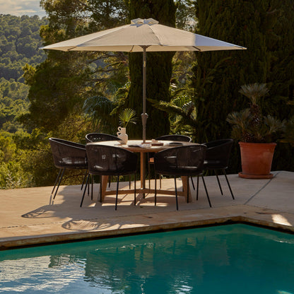 Shiro 6 seater wooden garden dining set with 6 hali black rope chairs and cream parasol- Laura James