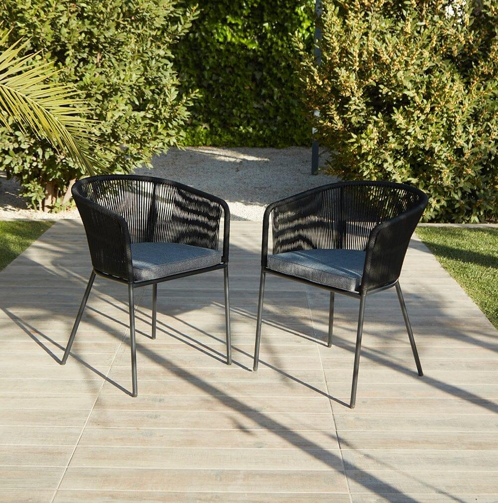 Shiro 6 seater wooden garden dining set with 6 hali black rope chairs and cream parasol- Laura James