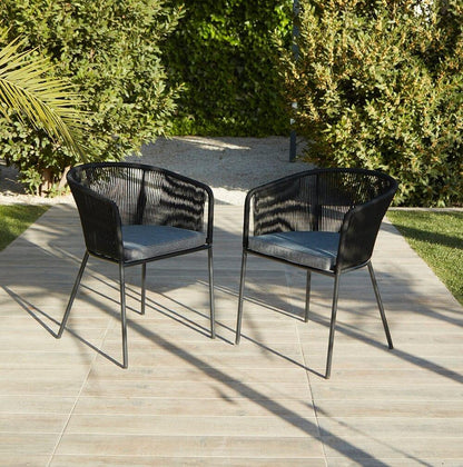 Shiro 6 seater wooden garden dining set with 6 hali black rope chairs and cream parasol- Laura James