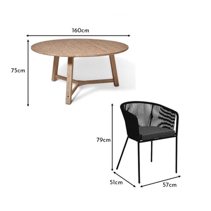 Shiro 6 seater wooden garden dining set with 6 hali black rope chairs and cream parasol- Laura James