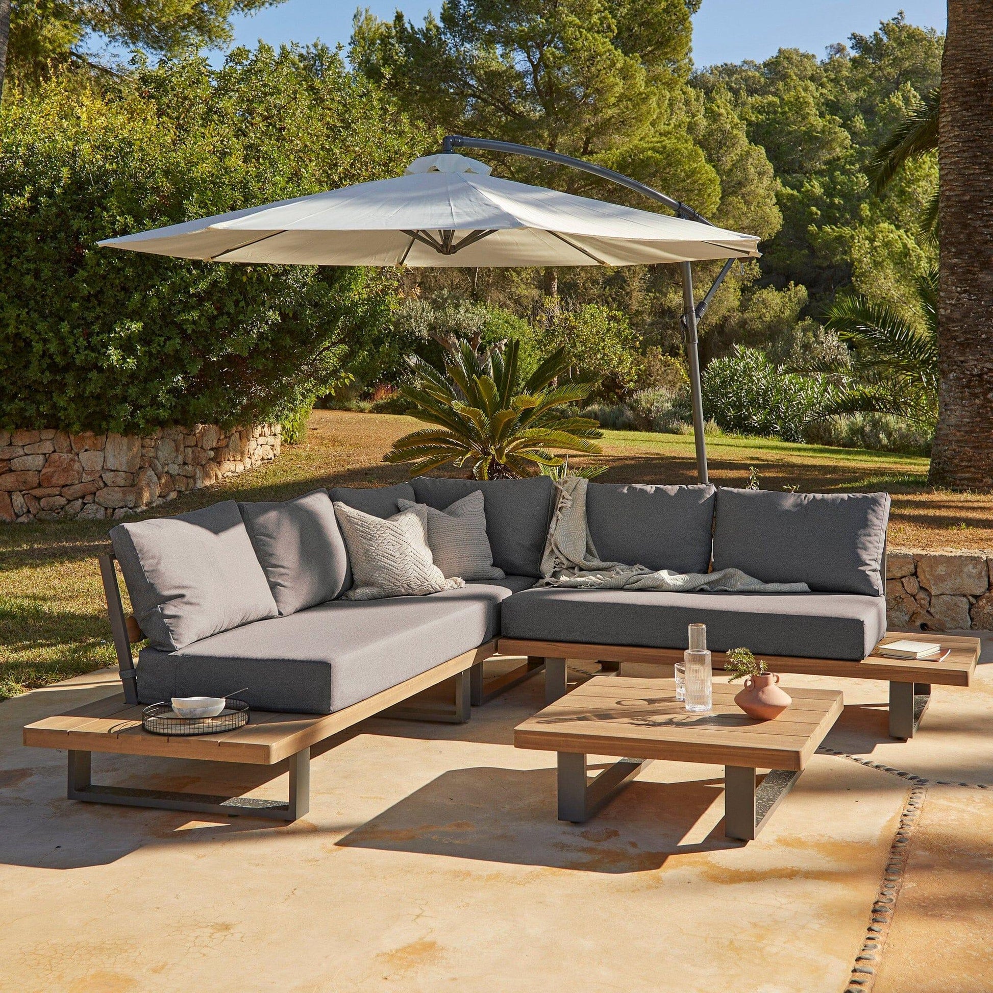 Shiva Grey Garden Corner Sofa Set with Cream Lean Over Parasol - Laura James