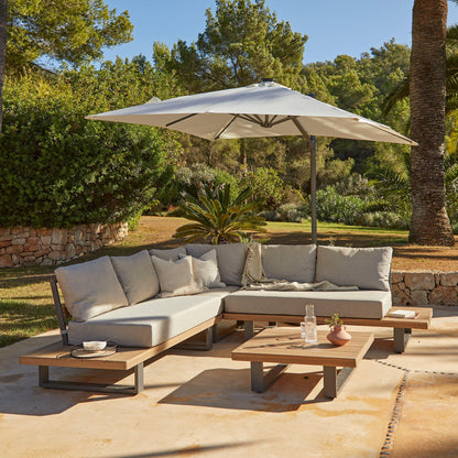 Shiva Garden Corner Sofa Set with Cream Premium LED Parasol - Stone - Laura James