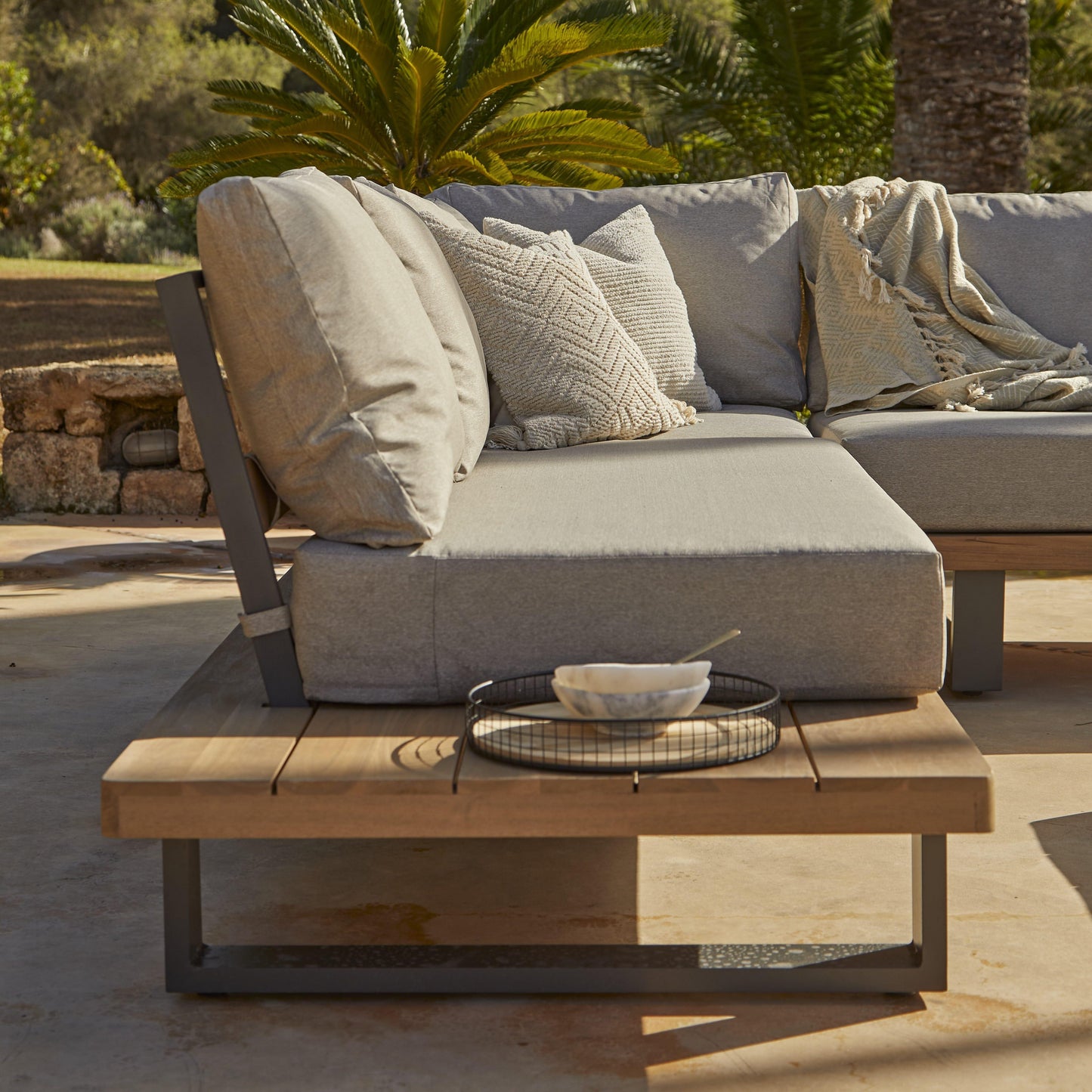 Shiva Garden Corner Sofa Set with Cream Premium LED Parasol - Stone - Laura James