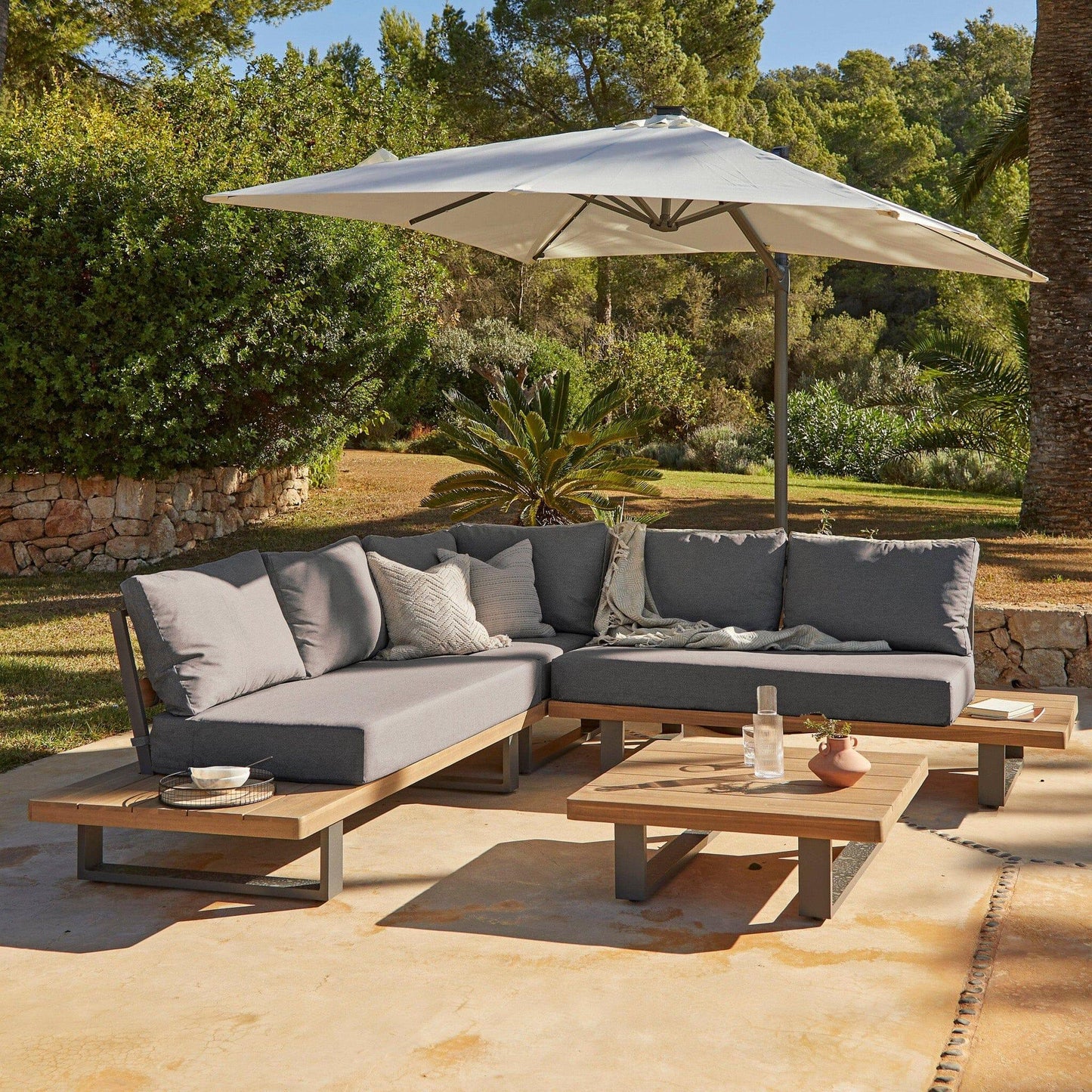 Shiva Garden Corner Sofa Set with Cream LED Premium Parasol - Grey - Laura James
