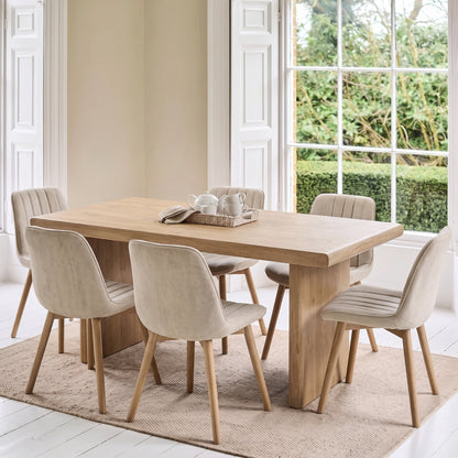 Nevaeh Chalked Mango Wood Dining Table Set - 6 Seater - Bella Boucle Dining Chairs - Chalked Mango Wood Legs - Laura James 