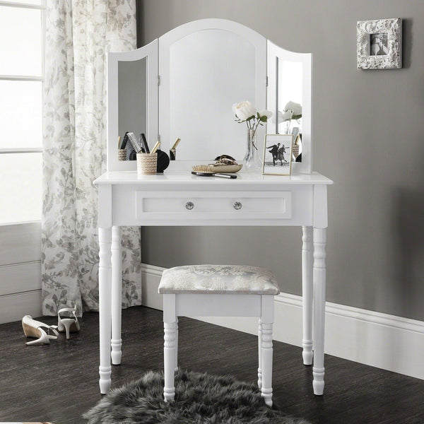 white dressing table with mirror and stool FUFU&GAGA 5-Drawers Makeup Vanity Sets Sets LED Dimmable Mirror, 3-Tier Storage Shelves The make Vanity Set with Mirror and