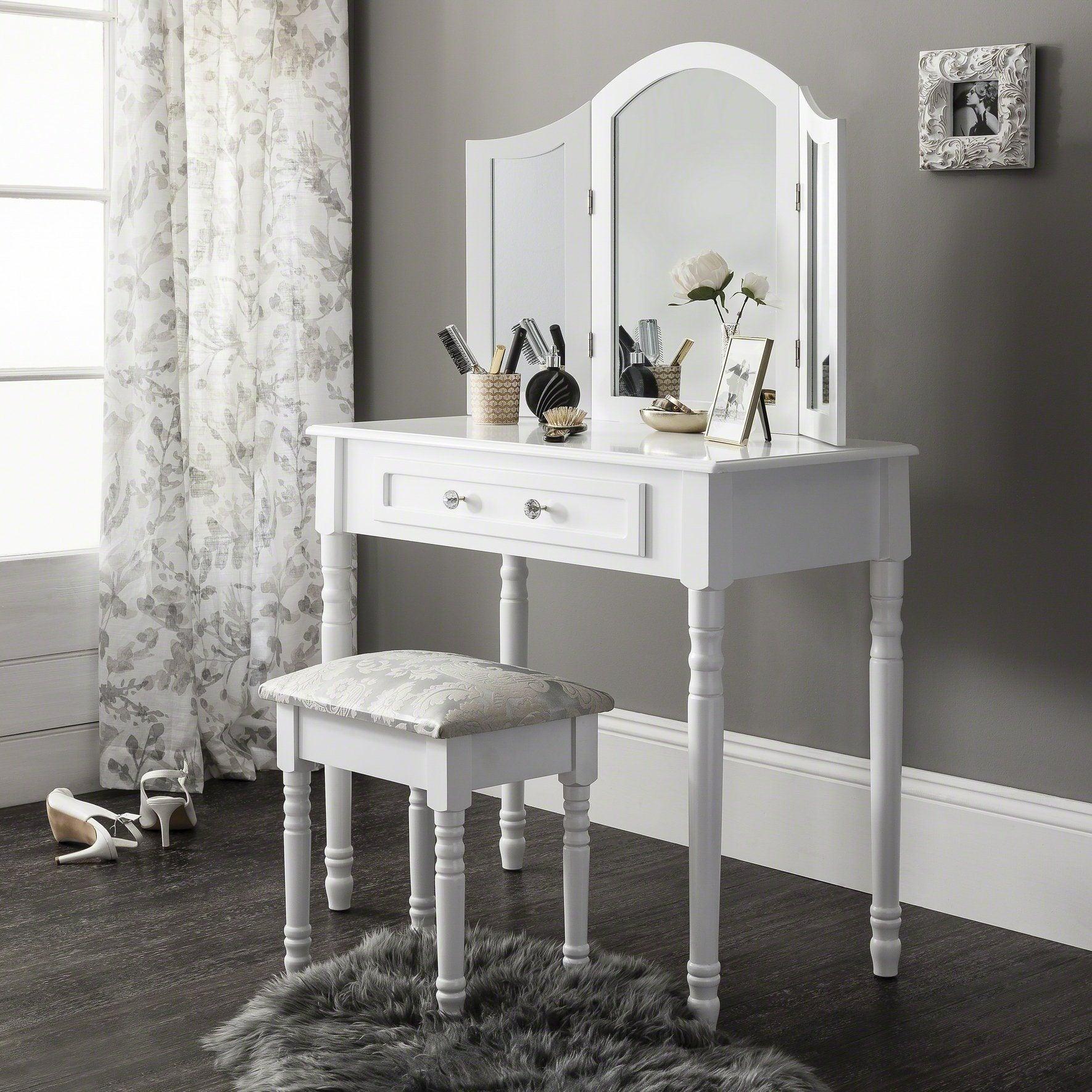 white colour dressing table Sienna White Dressing Table with Mirror & Stool – Laura James Ireland