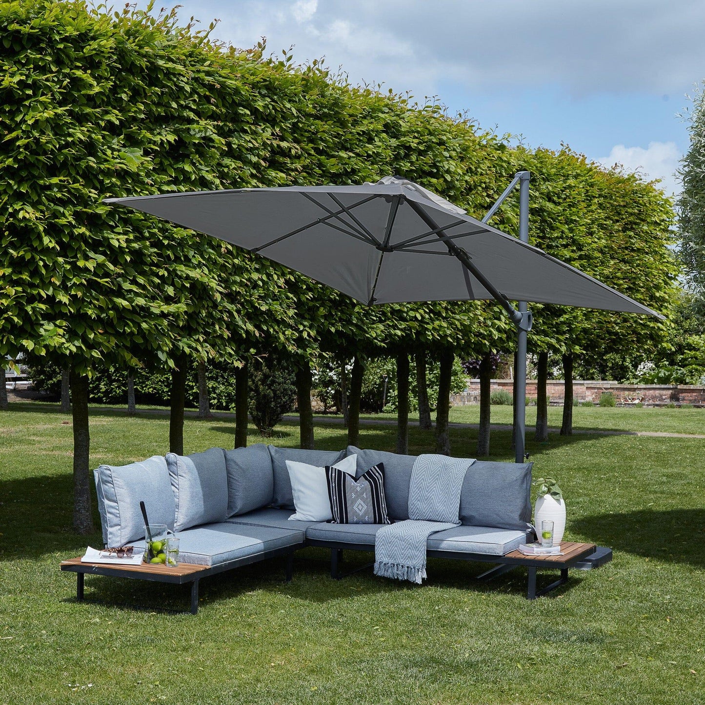 Thea Garden Corner Sofa Set with Grey Premium Parasol