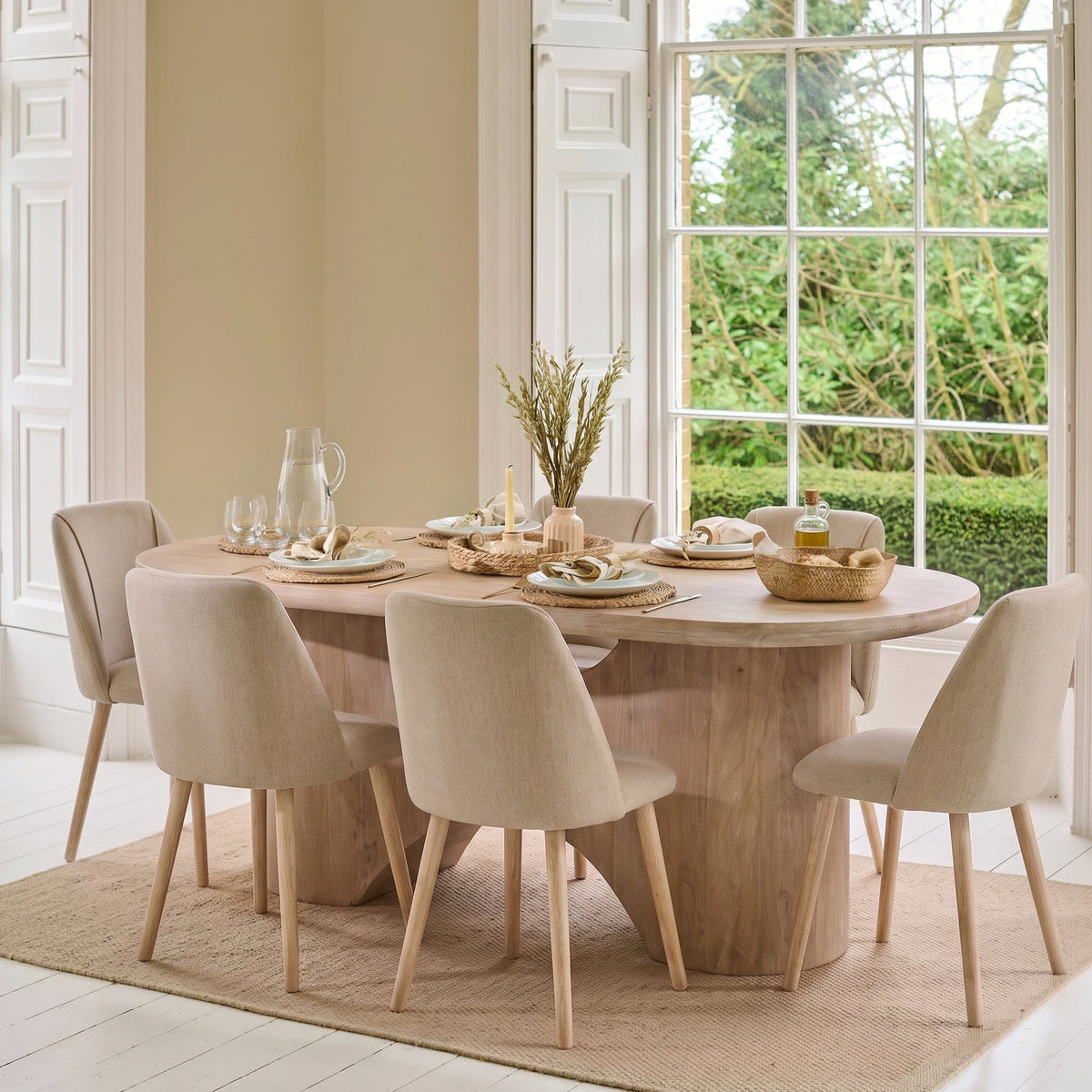 Octavia 220cm Limewash Dining Table Set - 6 Seater - Freya Sand Dining Chairs - Chalked Mango Wood Legs - Laura James 