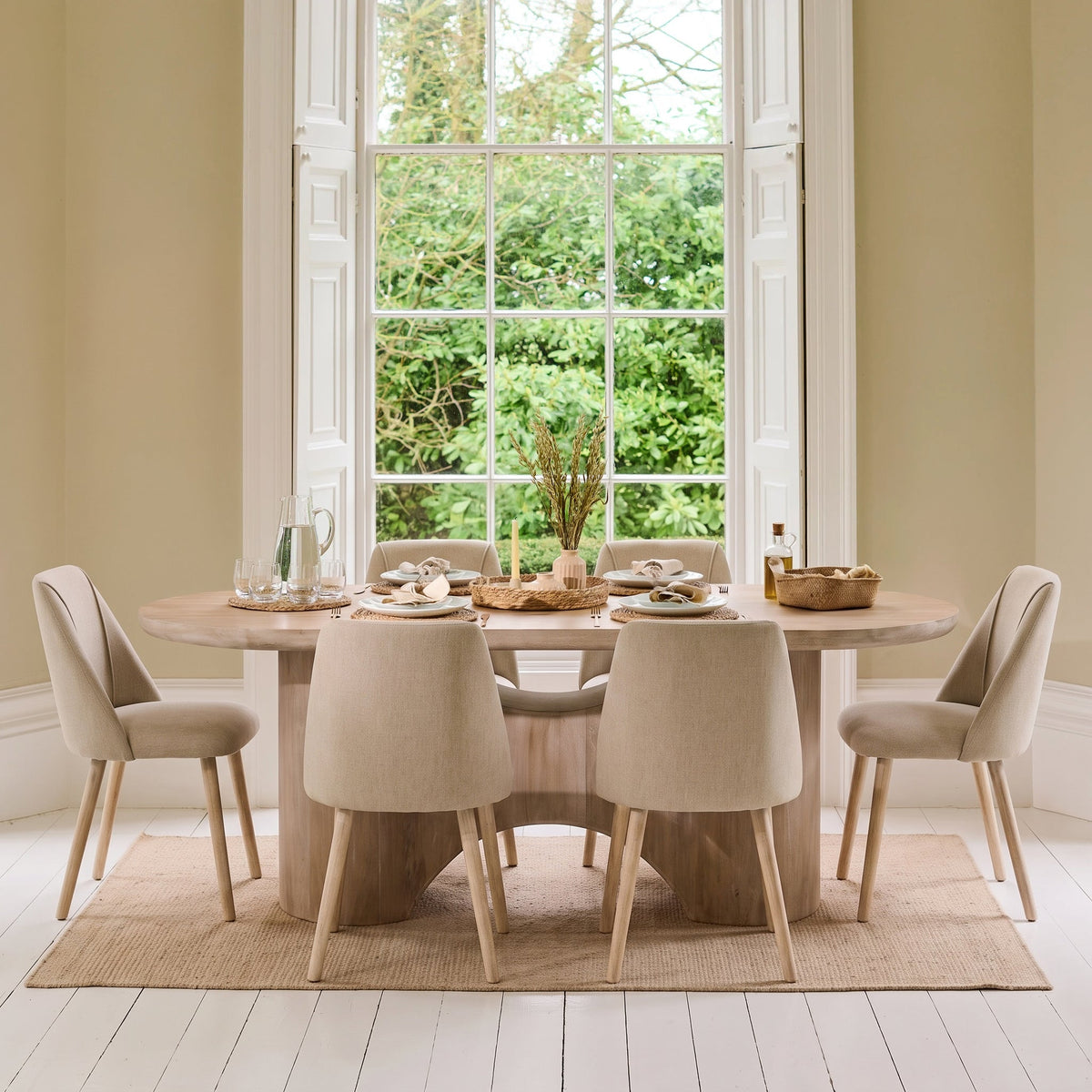 Octavia 220cm Limewash Dining Table Set - 6 Seater - Freya Sand Dining Chairs - Chalked Mango Wood Legs - Laura James 