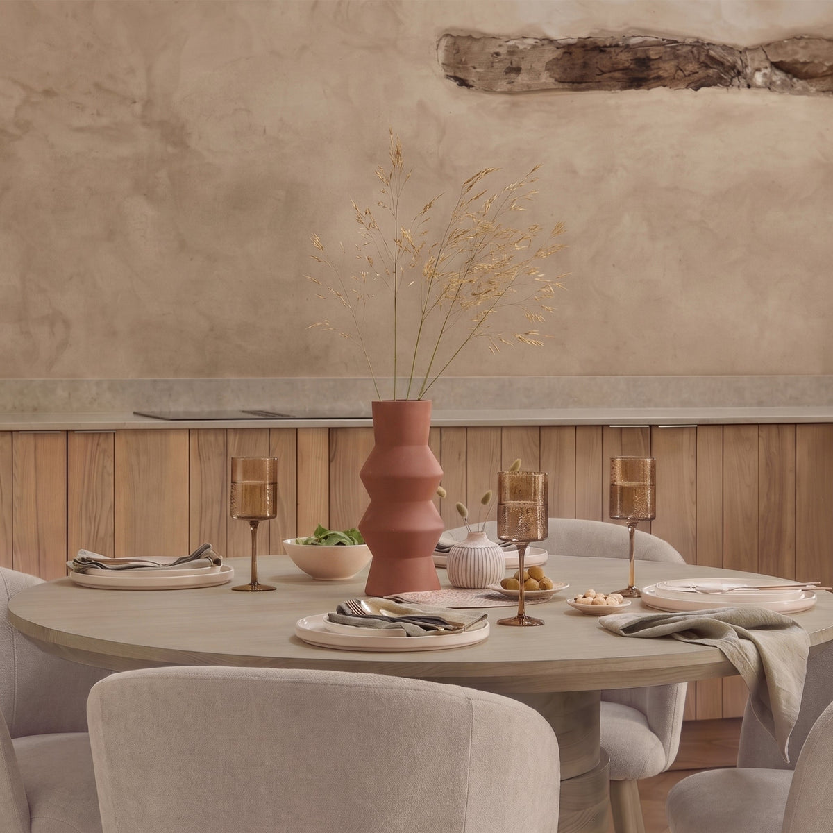 Adam 135cm Almond Brown Round Dining Table Set - 4 Seater - Archer Soft Beige Dining Chairs - Almond Brown Legs - Laura James 