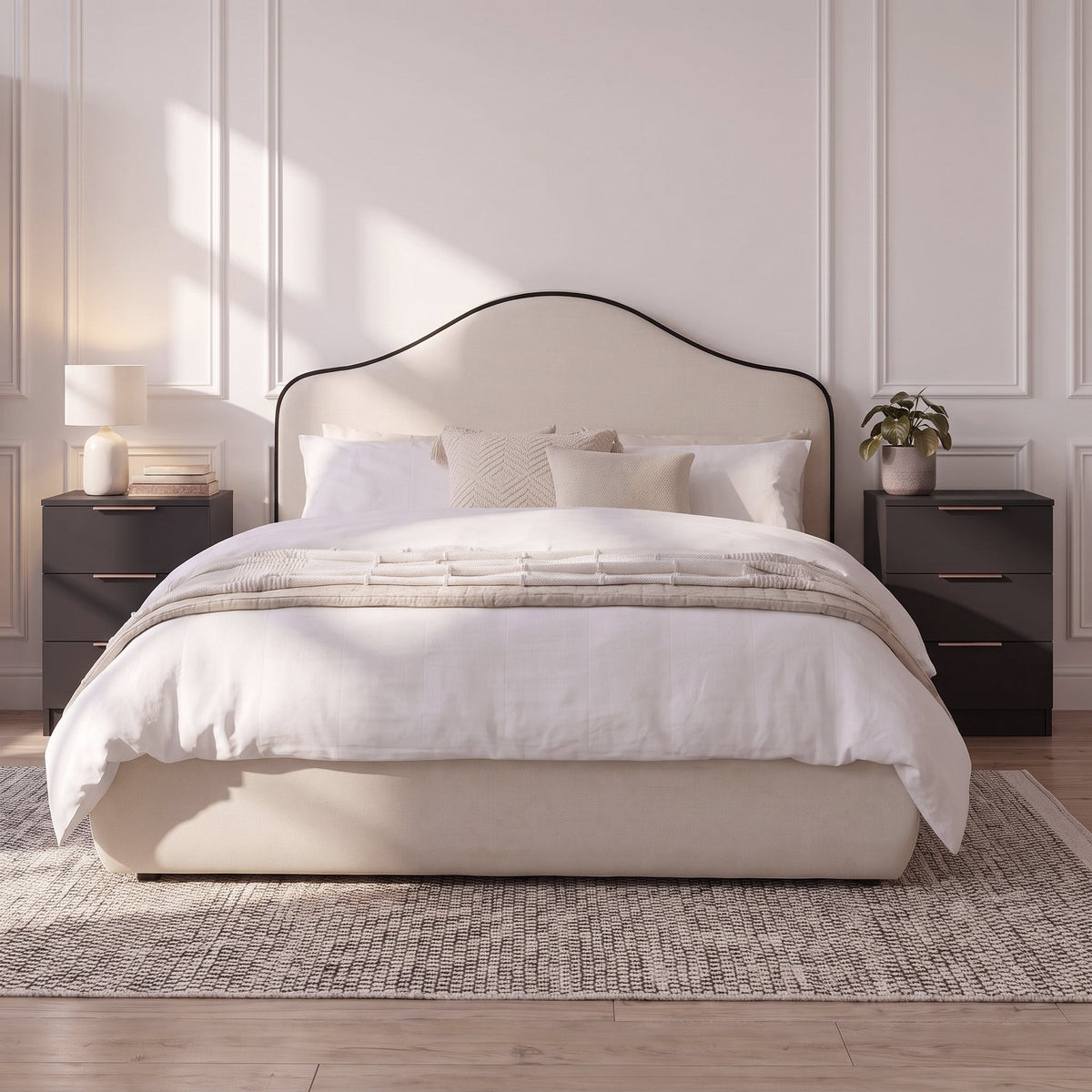 Odette Double Ottoman Bed - Ivory - Jet Black Piping
