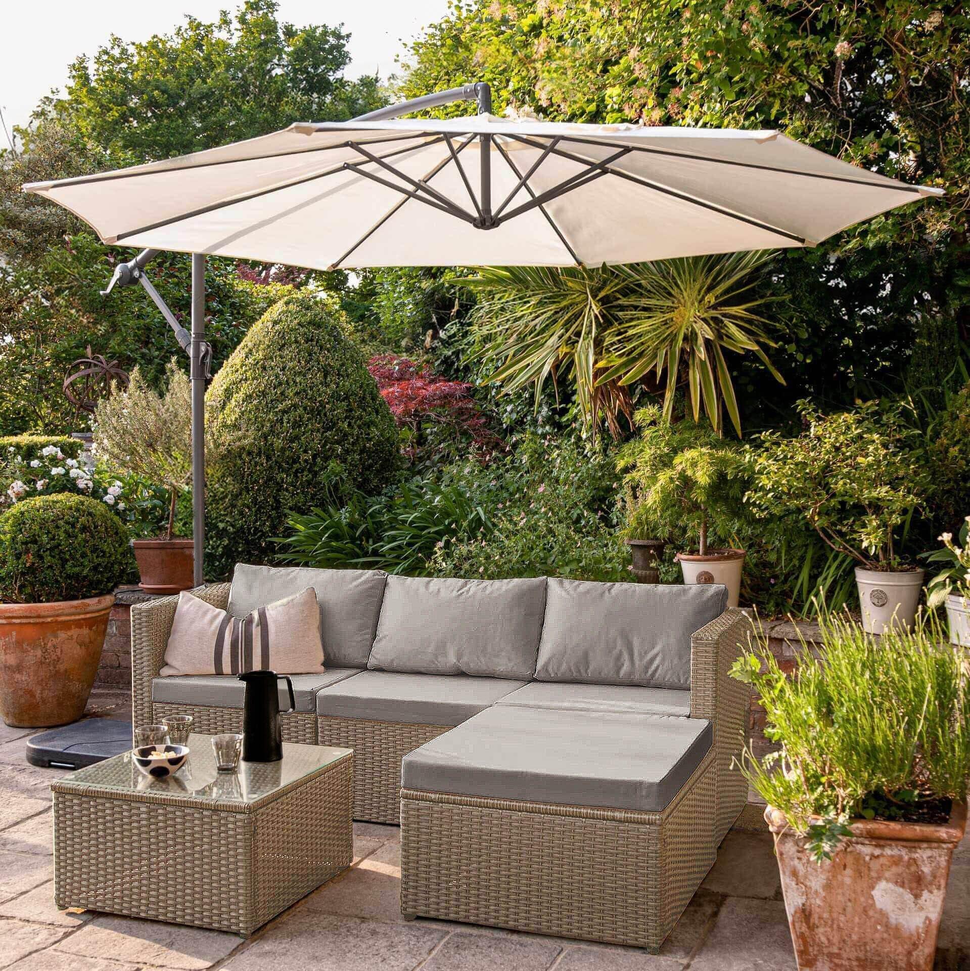 Weston 4 Seater Rattan Corner Sofa Set with Cream Lean Over Parasol - Natural Weave