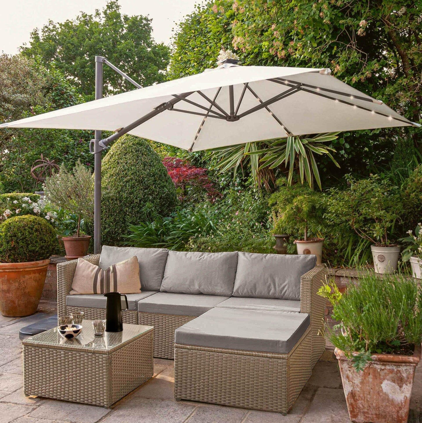 Weston 4 Seater Rattan Corner Sofa Set with Cream LED Premium Parasol - Natural Weave