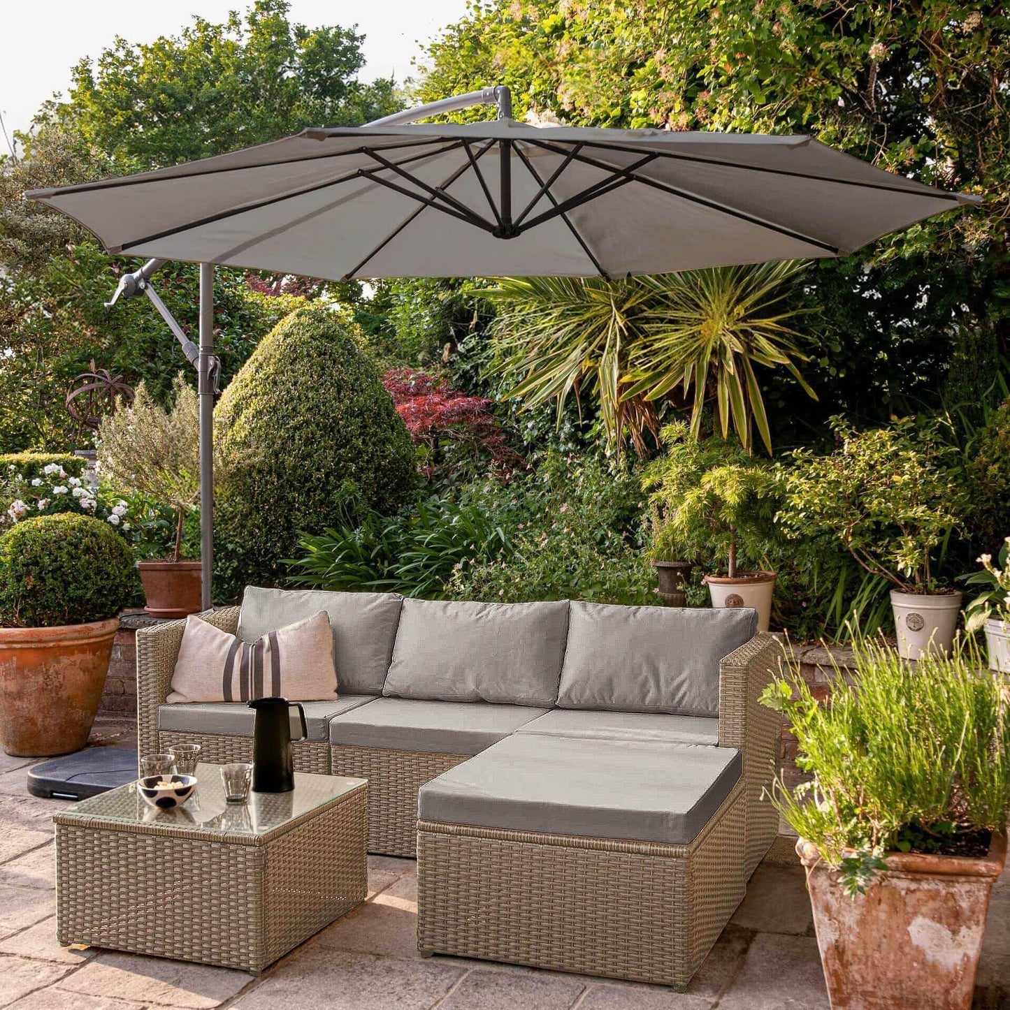 Weston 4 Seater Rattan Corner Sofa Set with Grey Lean Over Parasol - Natural Weave