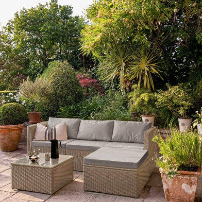 Weston 4 Seater Rattan Garden Corner Sofa Set with Grey LED Premium Parasol - Natural Weave